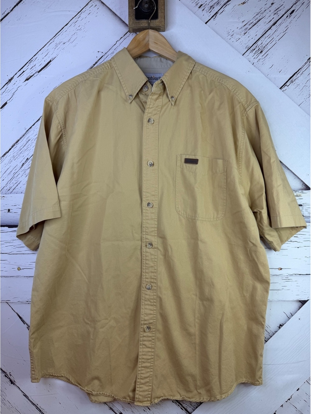 VTG Carhartt Workwear Men's Large Short Sleeve Button Up Shirt Tan Beige Cotton